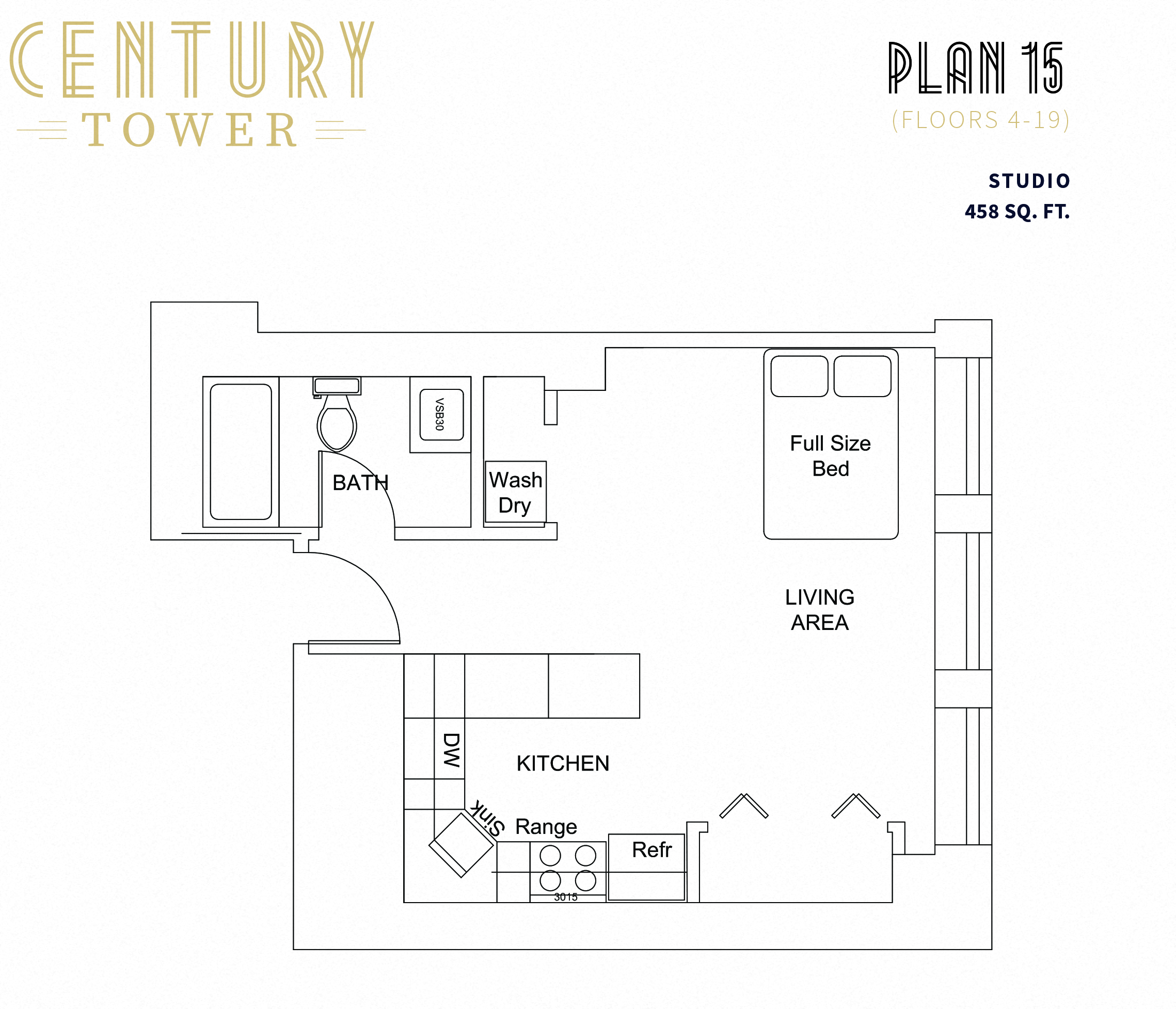 Floor plan for studio, 1 bath, 458 sqft